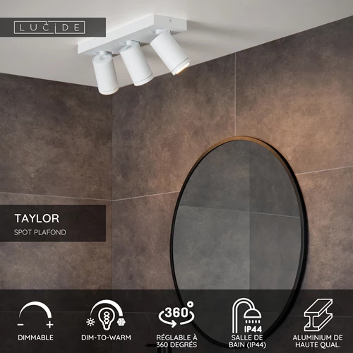 Lucide TAYLOR - Spot plafond Salle de bains - LED Dim to warm - GU10 - 3x5W 2200K/3000K - IP44 - Blanc - USP